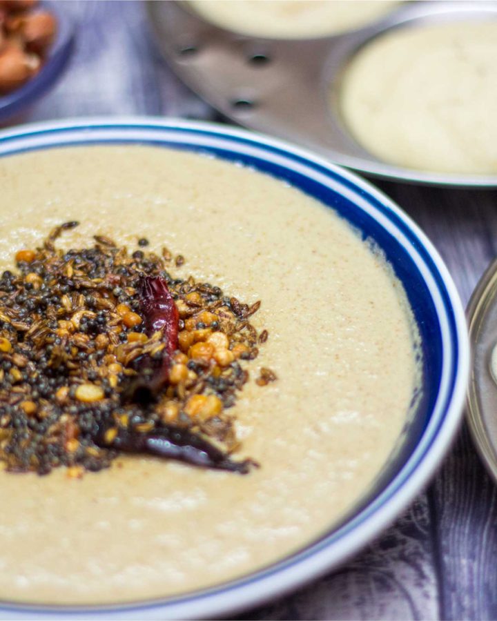 Peanut Chutney in a bowl with mini Idly